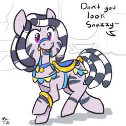 Size: 800x800 | Tagged: safe, artist:mt, oc, oc only, oc:zala, zebra, bridle, cute, female, filly, offscreen character, saddle, simple background, solo, tack, text, white background, zebra oc