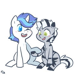 Size: 900x900 | Tagged: safe, artist:mt, oc, pony, unicorn, zebra, blushing, colt, duo, friends, holding hooves, male, simple background, sitting, unnamed oc, white background