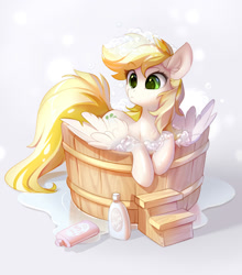 Size: 1762x2000 | Tagged: safe, artist:tomatocoup, oc, oc only, oc:dandelion blossom, pegasus, pony, bath, blonde, bubble, cute, digital art, ear fluff, female, mare, not derpy, ocbetes, shampoo, simple background, soap bubble, solo, white background