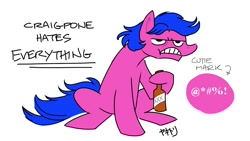 Size: 960x540 | Tagged: safe, oc, oc only, oc:craig, earth pony, pony, /mlp/, 4chan cup, bottle, censored vulgarity, craigpone, grawlixes, ponified, reference sheet, simple background, solo, swearing, white background