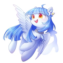 Size: 2000x2000 | Tagged: safe, artist:leafywind, oc, oc only, pegasus, pony, choker, colored pupils, female, flying, looking up, mare, open mouth, simple background, smiling, solo, spread wings, starry eyes, white background, wingding eyes, wings