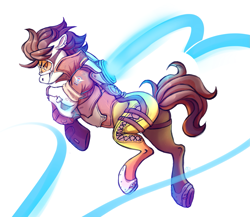 Size: 1929x1677 | Tagged: safe, artist:1an1, earth pony, pony, clothes, crossover, female, glasses, glow, jacket, jumping, mare, overwatch, simple background, solo, supreme, tight clothing, tracer, trousers, white background