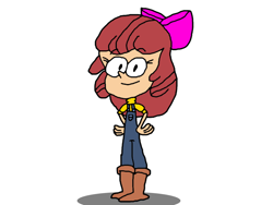 Size: 800x600 | Tagged: safe, apple bloom, human, boots, bow, female, overalls, shoes, short sleeves, simple background, solo, the loud house, white background