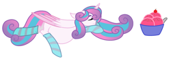 Size: 2018x726 | Tagged: safe, artist:cindybelle, princess flurry heart, adult, cherry, clothes, cute, flurrybetes, food, ice cream, mama flurry, multiple pregnancy, older, older flurry heart, pregnant, simple background, sleeping, socks, striped socks, tired, white background