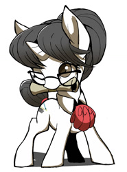 Size: 1111x1502 | Tagged: safe, artist:ccc, raven, pony, unicorn, female, glasses, mare, one eye closed, parchment, simple background, solo, white background, wink