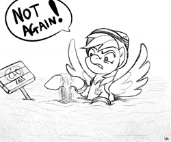 Size: 1500x1250 | Tagged: safe, artist:underwoodart, daring do, pegasus, pony, clothes, female, grayscale, hat, lineart, mare, monochrome, peril, quicksand, sign, simple background, solo, stuck, traditional art, white background