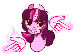 Size: 812x580 | Tagged: safe, artist:catzino, twilight sparkle, pony, bust, female, finger gun, finger guns, glowing horn, hand, magic, magic hands, mare, simple background, solo, white background