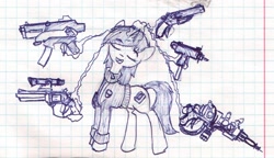 Size: 1154x666 | Tagged: safe, artist:nyxia, oc, oc only, oc:littlepip, pony, unicorn, fallout equestria, clothes, cutie mark, energy weapon, eyes closed, fanfic, fanfic art, female, glowing horn, graph paper, gun, handgun, hooves, horn, levitation, little macintosh, magic, magical energy weapon, mare, monochrome, open mouth, optical sight, pipbuck, plasma rifle, revolver, sawed off shotgun, shotgun, simple background, solo, submachinegun, telekinesis, traditional art, vault suit, weapon, white background