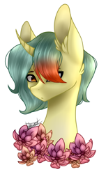 Size: 812x1332 | Tagged: safe, artist:knaranayama, oc, oc:melina, pony, unicorn, bust, female, flower, mare, portrait, simple background, solo, white background