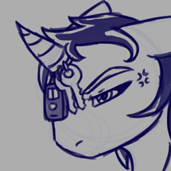 Size: 1280x1280 | Tagged: safe, artist:the-chimaera-draws, oc, oc only, oc:relic rune, pony, unicorn, bust, car keys, cross-popping veins, horn ring, monochrome, simple background, unamused, unicorn problems, white background