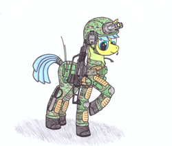 Size: 1024x874 | Tagged: safe, artist:zocidem, oc, pony, female, g36, mare, military, military pony, simple background, traditional art, weapon, white background