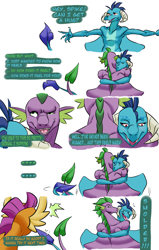 Size: 2893x4547 | Tagged: safe, artist:valo-son, princess ember, smolder, spike, dragon, armpits, blushing, comic, dragoness, emberspike, female, hug, male, shipping, simple background, smiling, straight, trio, white background, winged spike