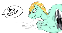 Size: 1473x808 | Tagged: safe, artist:testostepone, lightning dust, pegasus, pony, armpits, bitch, cooties, dialogue, fan, female, mare, offscreen character, simple background, smiling, smirk, solo focus, stank, swearing, vulgar, white background