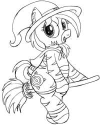 Size: 2425x3000 | Tagged: safe, artist:an-tonio, oc, oc only, oc:zula, zebra, broom, female, flying, flying broomstick, grayscale, hat, monochrome, simple background, sketch, solo, white background, witch, witch hat, zebra oc