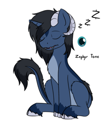 Size: 773x888 | Tagged: safe, artist:mynder, oc, oc only, oc:zephyr tone, cloven hooves, fangs, male, simple background, sitting, sleeping, solo, unknown species, white background, zzz