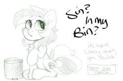 Size: 540x359 | Tagged: safe, artist:spoopygander, oc, oc:elli, earth pony, pony, female, looking back, looking up, mare, meme, simple background, sitting, sketch, solo, text, white background