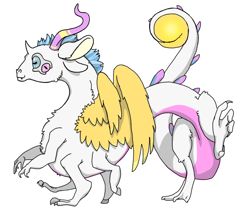 Size: 978x816 | Tagged: safe, artist:anonymous-potayto, oc, oc only, oc:distortion, draconequus, hybrid, chest fluff, digital art, draconequus oc, four eyes, hybrid wings, interspecies offspring, next generation, offspring, parent:discord, parent:princess celestia, parents:dislestia, simple background, six legs, solo, white background