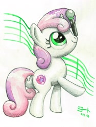 Size: 2400x3200 | Tagged: safe, artist:michiito, sweetie belle, pony, unicorn, female, filly, microphone, simple background, solo, traditional art, white background