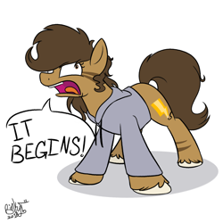 Size: 2000x2000 | Tagged: safe, artist:binkyt11, derpibooru exclusive, oc, oc only, oc:binky, earth pony, hybrid, pony, zony, atg 2018, clothes, derp, female, hoodie, it begins, mare, newbie artist training grounds, simple background, solo, unshorn fetlocks, white background, yelling