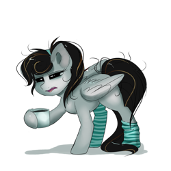 Size: 2000x2000 | Tagged: safe, artist:confetticakez, oc, oc only, pegasus, pony, bed mane, clothes, coffee, cute, female, folded wings, mare, messy mane, simple background, sleepy, socks, solo, striped socks, tired, white background