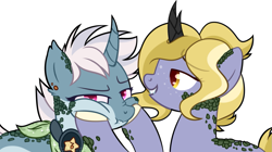 Size: 1237x692 | Tagged: safe, artist:yankirichan, oc, oc:chiyo, oc:noriko, earth pony, kirin, pony, unicorn, bandana, blonde, female, golden eyes, scales, simple background, sisterly love, sisters, smiling, squishy cheeks, unamused, white background, white hair, ych result