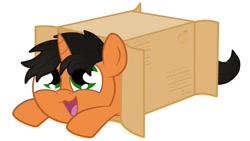 Size: 852x480 | Tagged: safe, artist:king-franchesco, oc, oc only, oc:king franchesco, pony, unicorn, box, cute, hooves, horn, lying down, male, open mouth, pony in a box, simple background, solo, stallion, white background