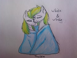 Size: 1600x1200 | Tagged: safe, artist:jsunlight, oc, oc only, oc:white night, blanket, female, male, mare, rule 63, simple background, sleeping, stallion, traditional art, white background
