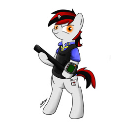 Size: 900x900 | Tagged: safe, artist:stanwuuz, oc, oc only, oc:blackjack, pony, unicorn, fallout equestria, fallout equestria: project horizons, armor, bipedal, clothes, fanfic, fanfic art, female, hooves, horn, mare, pipbuck, security armor, simple background, solo, vault security armor, vault suit, white background