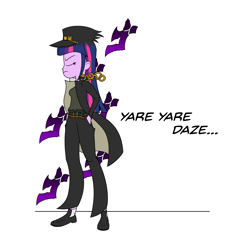 Size: 3000x3000 | Tagged: safe, artist:silver dash, twilight sparkle, equestria girls, atg 2018, belt, chains, clothes, crossover, eyes closed, hat, jacket, jojo's bizarre adventure, jotaro kujo, kanji, menacing, newbie artist training grounds, pants, school uniform, shirt, shoes, simple background, socks, standing, text, white background