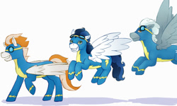 Size: 1500x900 | Tagged: safe, artist:guiltyp, fire streak, high winds, silver lining, silver zoom, pegasus, pony, clothes, female, goggles, male, mare, simple background, stallion, uniform, white background, wonderbolts uniform