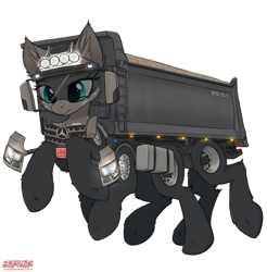 Size: 1390x1413 | Tagged: safe, artist:orang111, object pony, original species, pony, cheek fluff, chest fluff, dump truck, ear fluff, fluffy, frown, leg fluff, lidded eyes, mercedes, mercedes-benz, mercedes-benz arocs, multiple legs, ponified, simple background, sleipnir, truck pony, wat, what has science done, white background, wtf