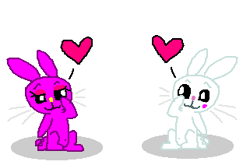 Size: 321x212 | Tagged: source needed, safe, artist:theinflater19, angel bunny, oc, oc:rosie bunny, rabbit, canon x oc, female, happy, heart, implied shipping, implied straight, lidded eyes, looking at each other, male, raised eyebrow, raised leg, simple background, sitting, white background