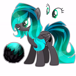 Size: 5819x5800 | Tagged: artist needed, safe, oc, oc only, oc:crystal song, pegasus, pony, absurd resolution, adopted, black coat, eye clipping through hair, female, mare, reference sheet, simple background, smiling, teal eyes, teal hair, white background