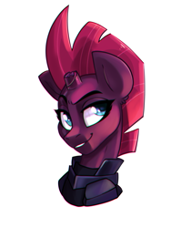 Size: 3000x4000 | Tagged: safe, artist:annakitsun3, tempest shadow, pony, unicorn, broken horn, bust, eye scar, female, mare, raised eyebrow, scar, simple background, smiling, solo, white background