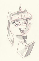 Size: 666x1044 | Tagged: safe, artist:saturdaymorningproj, twilight sparkle, pony, book, female, mare, monochrome, open mouth, simple background, sketch, smiling, solo, traditional art, white background