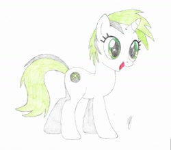 Size: 1216x1072 | Tagged: safe, artist:mzx-90, oc, oc only, oc:xbox, pony, unicorn, female, mare, microsoft ponified, ponified, signature, simple background, solo, traditional art, white background