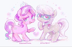 Size: 1285x843 | Tagged: safe, artist:osawari64, diamond tiara, silver spoon, earth pony, pony, duo, female, filly, glasses, heart, simple background, white background