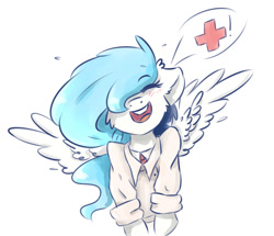 Size: 1280x1101 | Tagged: safe, artist:tavifly, oc, pegasus, pony, blue hair, blushing, clothes, eyes closed, female, hair over one eye, happy, medic, shirt, simple background, smiling, solo, spread wings, team fortress 2, white background, wings