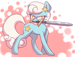 Size: 1280x975 | Tagged: safe, artist:nobody, serena, earth pony, pony, trade ya, background pony, female, flower, flower in hair, mare, mouth hold, solo, sword, wrong cutie mark