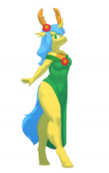 Size: 650x1034 | Tagged: safe, artist:carnifex, oc, oc only, oc:evergreen, anthro, changedling, changeling, unguligrade anthro, anthro oc, changedling oc, changeling oc, clothes, commission, digital art, dress, female, mare, simple background, smiling, solo, white background