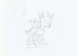 Size: 1024x745 | Tagged: safe, artist:hickory17, oc, oc only, oc:j.r., changeling, tails of equestria, black and white, changeling oc, commission, grayscale, male, monochrome, show accurate, simple background, solo, traditional art, white background