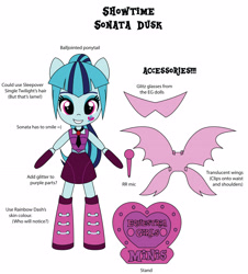 Size: 2522x2793 | Tagged: safe, artist:darkhooves, derpibooru exclusive, sonata dusk, equestria girls, boots, clothes, concept, cute, cutie mark, darkhooves wastes our time, digital art, doll, equestria girls minis, glasses, high res, merchandise, microphone, mockup, ponytail, shoes, simple background, skirt, solo, sonatabetes, stand, toy, welcome to the show, white background, wings, wishful thinking