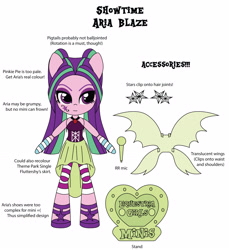 Size: 2554x2793 | Tagged: safe, artist:darkhooves, derpibooru exclusive, aria blaze, equestria girls, ariabetes, clothes, concept, cute, cutie mark, darkhooves wastes our time, digital art, doll, equestria girls minis, hairclip, high res, leggings, merchandise, microphone, mockup, pigtails, shoes, simple background, skirt, solo, stand, toy, twintails, welcome to the show, white background, wings, wishful thinking