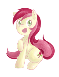 Size: 700x900 | Tagged: safe, artist:lourita-shine, roseluck, earth pony, pony, cute, looking at you, open mouth, raised hoof, simple background, sitting, solo, white background