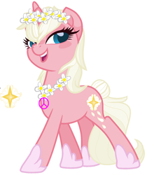 Size: 656x745 | Tagged: safe, artist:bluemoondiancie, artist:lavaroses, artist:melodysweetheart, oc, oc only, oc:sunny springs, pony, unicorn, base used, bedroom eyes, clothes, female, floral head wreath, flower, flower necklace, hippy, hoof shoes, icey-verse, jewelry, magical lesbian spawn, mare, necklace, next generation, offspring, open mouth, parent:lily lace, parent:sunshine smiles, parents:sunlace, peace sign, shoes, simple background, solo, valley girl, white background