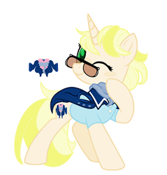 Size: 294x308 | Tagged: safe, artist:bluemoondiancie, artist:lavaroses, artist:melodysweetheart, oc, oc only, oc:trender, pony, unicorn, base used, clothes, coat, female, glasses, hipster, icey-verse, magical lesbian spawn, mare, next generation, offspring, one eye closed, parent:lily lace, parent:sunshine smiles, parents:sunlace, scarf, shirt, simple background, solo, sunglasses, white background, wink