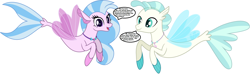 Size: 2134x631 | Tagged: safe, silverstream, terramar, seapony (g4), school daze, season 8, surf and/or turf, brother, brother and sister, cute, diastreamies, female, jewelry, male, necklace, pearl necklace, siblings, simple background, sister, speech bubble, terrabetes, text, white background