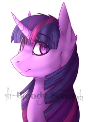 Size: 768x1024 | Tagged: safe, artist:0bloodyscene, twilight sparkle, pony, curved horn, female, looking at you, mare, obtrusive watermark, simple background, smiling, solo, watermark, white background