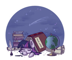 Size: 1212x1012 | Tagged: safe, artist:amy-gamy, twilight sparkle, unicorn twilight, pony, unicorn, adorkable, book, bookhorse, cute, dork, eyes closed, female, filly, globe, impossibly large book, ink, ink stain, inkwell, mare, night, quill, quill pen, scroll, shooting stars, simple background, sleeping, smiling, solo, stars, twiabetes, white background