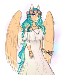 Size: 2508x3024 | Tagged: safe, artist:askbubblelee, oc, oc only, oc:willow breeze, anthro, pegasus, anthro oc, beautiful, bride, clothes, dress, female, floral head wreath, flower, freckles, mare, simple background, smiling, solo, wedding dress, white background, wing freckles